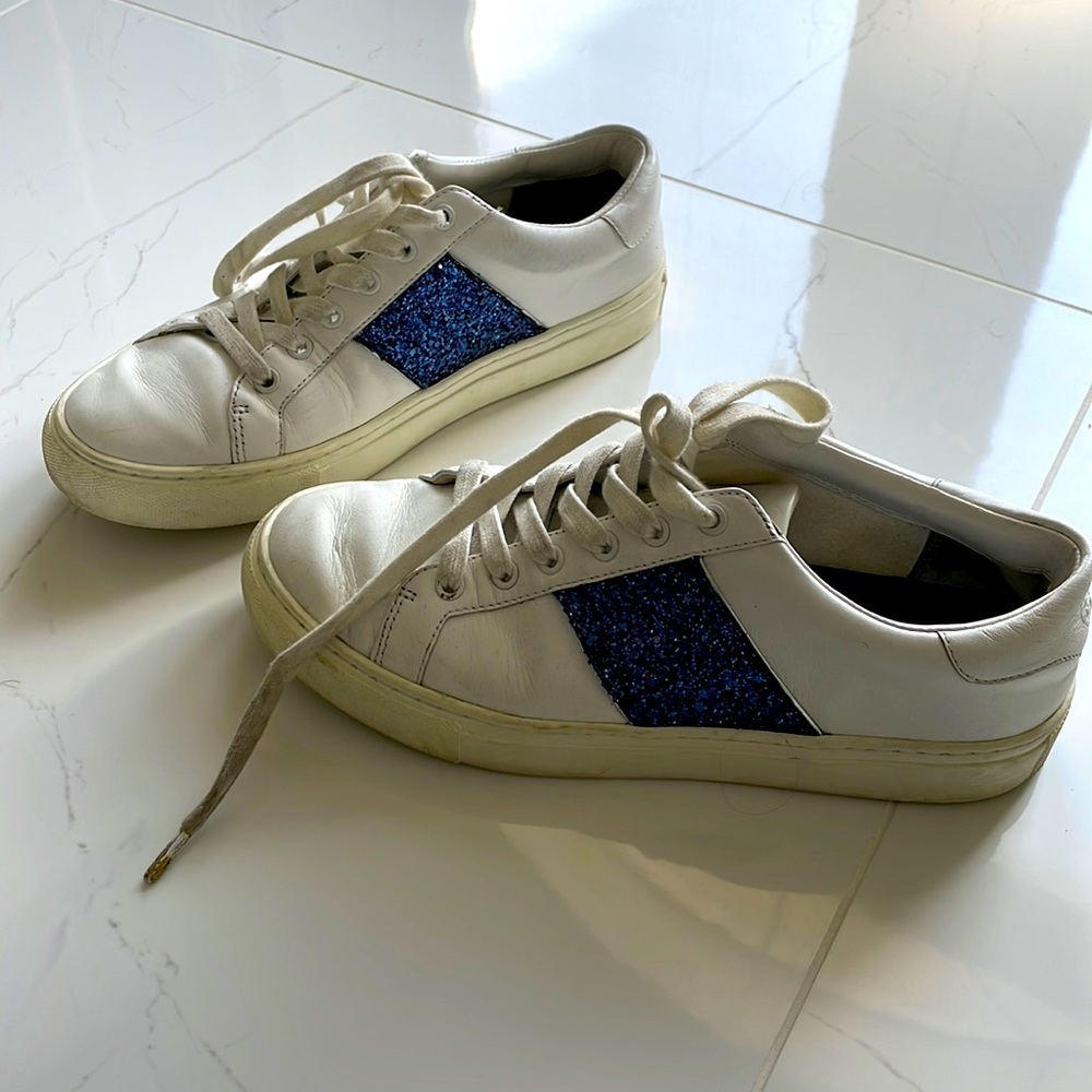 Tory Burch Carter White and Blue Glitter Sneakers